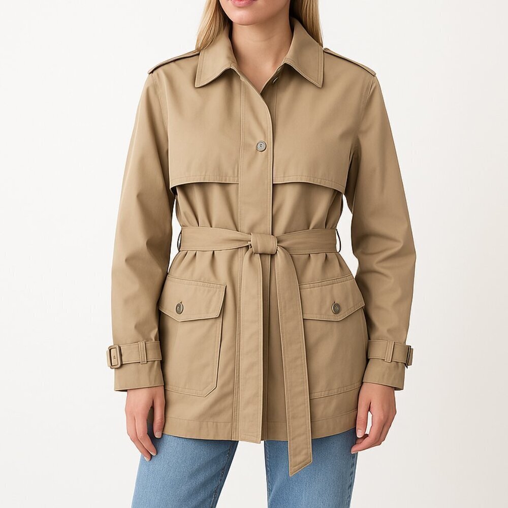 GAP Hooded Short Trench Coat L Khaki Belted Removable Hood Rain Jacket